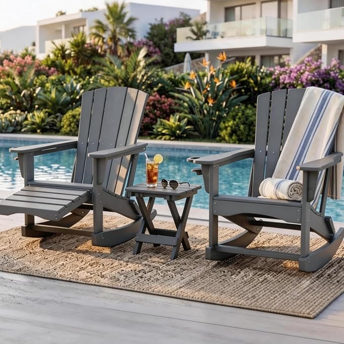 Adirondack Rocking Chair with Retractable Ottoman, Outdoor Folding Adirondack