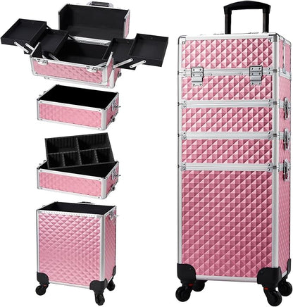 Stagiant Rolling Makeup Train Case Cosmetology Case on Wheels 4 in 1 Large Cosmetic Organizer Box Makeup Travel Case with Key Swivel Wheels Nail Artist Salon Storage Traveling Cart Big Trunk Pink