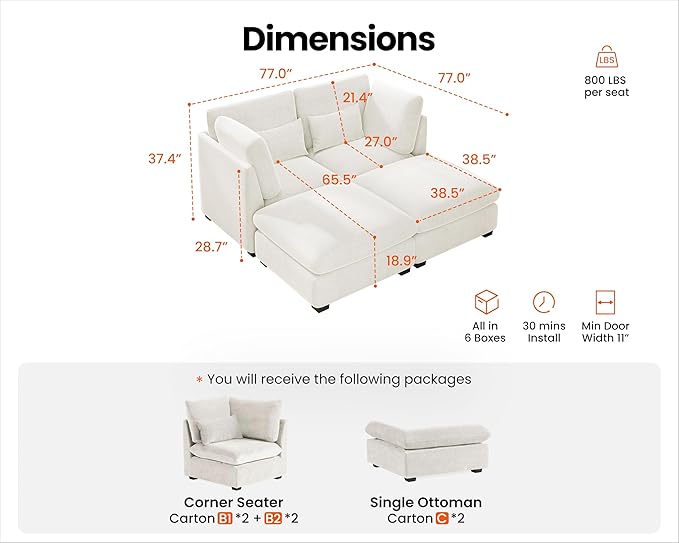 77" Oversized Chenille Couch Modular Sectional Sofa, Washable Cloud Couch