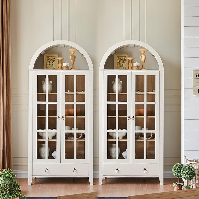 Farmhouse Arched Cabinet with Glass Doors, Wood Display Cabinet with Drawer and