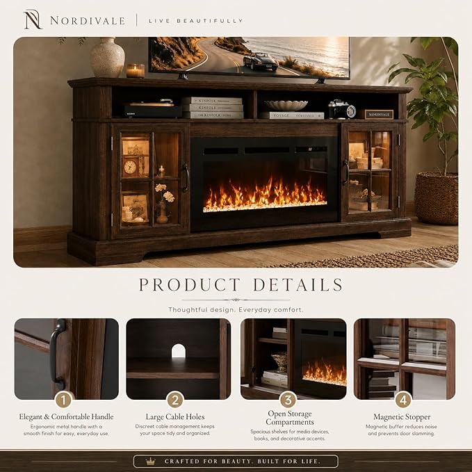 70" Fireplace TV Stand, Modern Entertainment Center