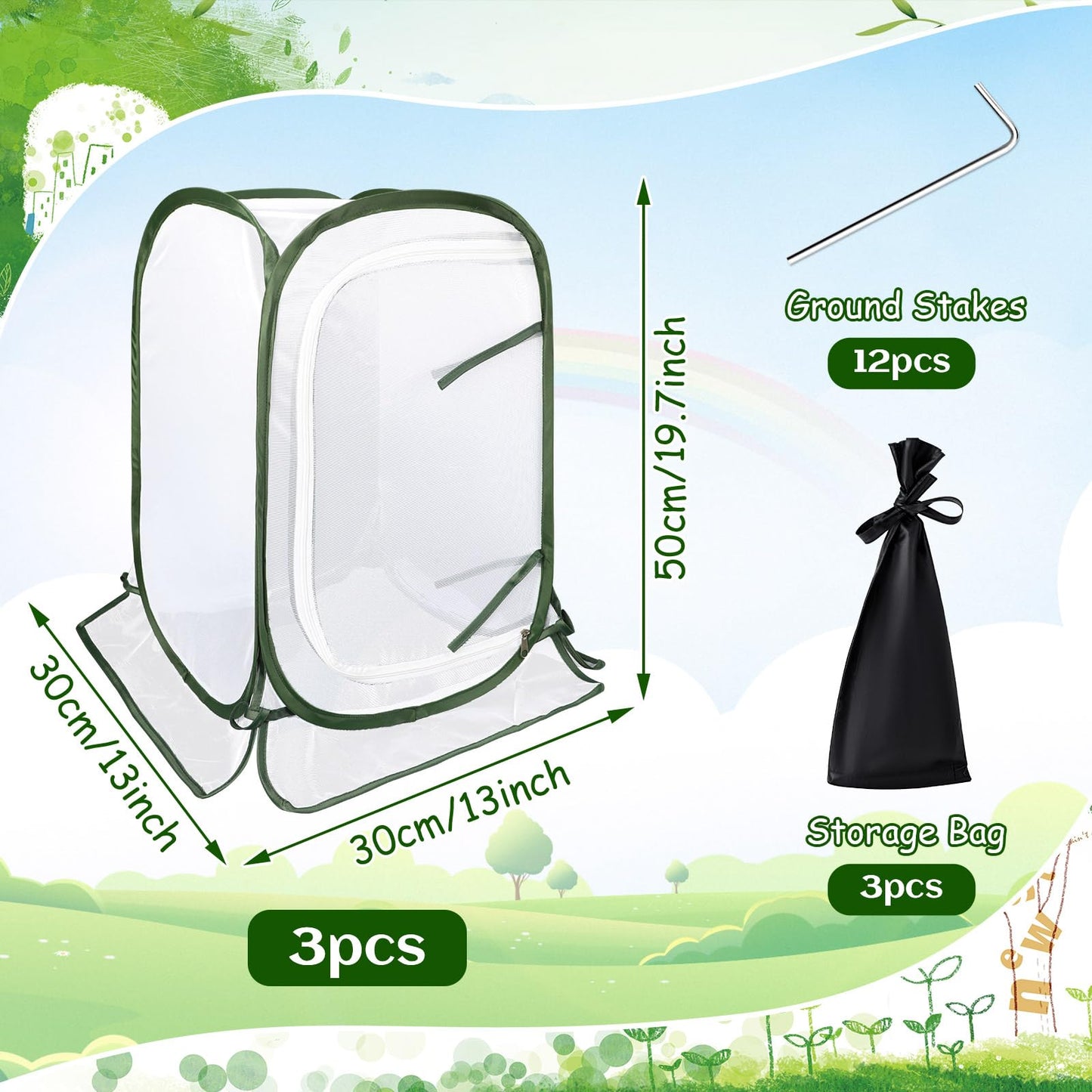 Augshy 3 Pack Pop Up Plant Covers Plant Protectors Tent Mesh Plant Protectors from Animals and Birds Garden Net Cage with Stakes for Protect Outdoor Plants Vegetables Flowers Shrubs 13"x13"x20"