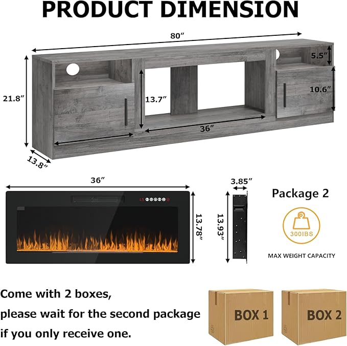PRETZI Fireplace TV Stand with 36" Fireplace Up to 90" TVs, Remote Control