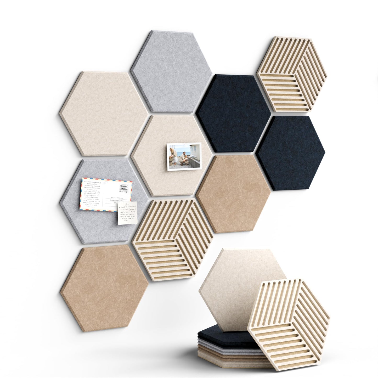 Fluxynara Hexagon Cork Board Alternative for Walls Decor-10-Pack Felt Bulletin Board Tiles,with 30 Pushpins,50 Adhesive Tabs for Office,Classrooms & Home Pin Board Felt Board-Nordic Slate