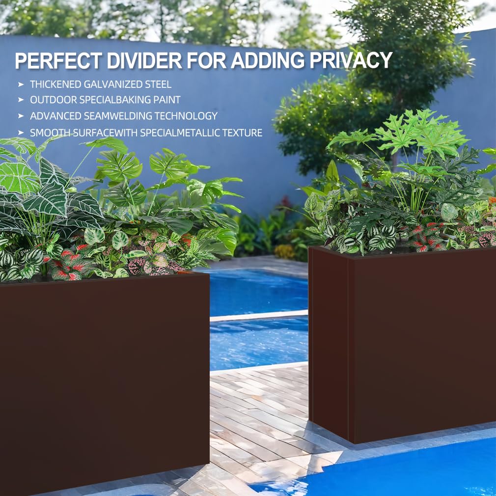 Megawodar Metal Tall Long Planter Box Large Rectangular Planter Flower Pot with Drainage Holes for Indoor Outdoor Deck Porch Garden Home Patio Front Door (Espresso, 36" L x 10" W x 28" H)