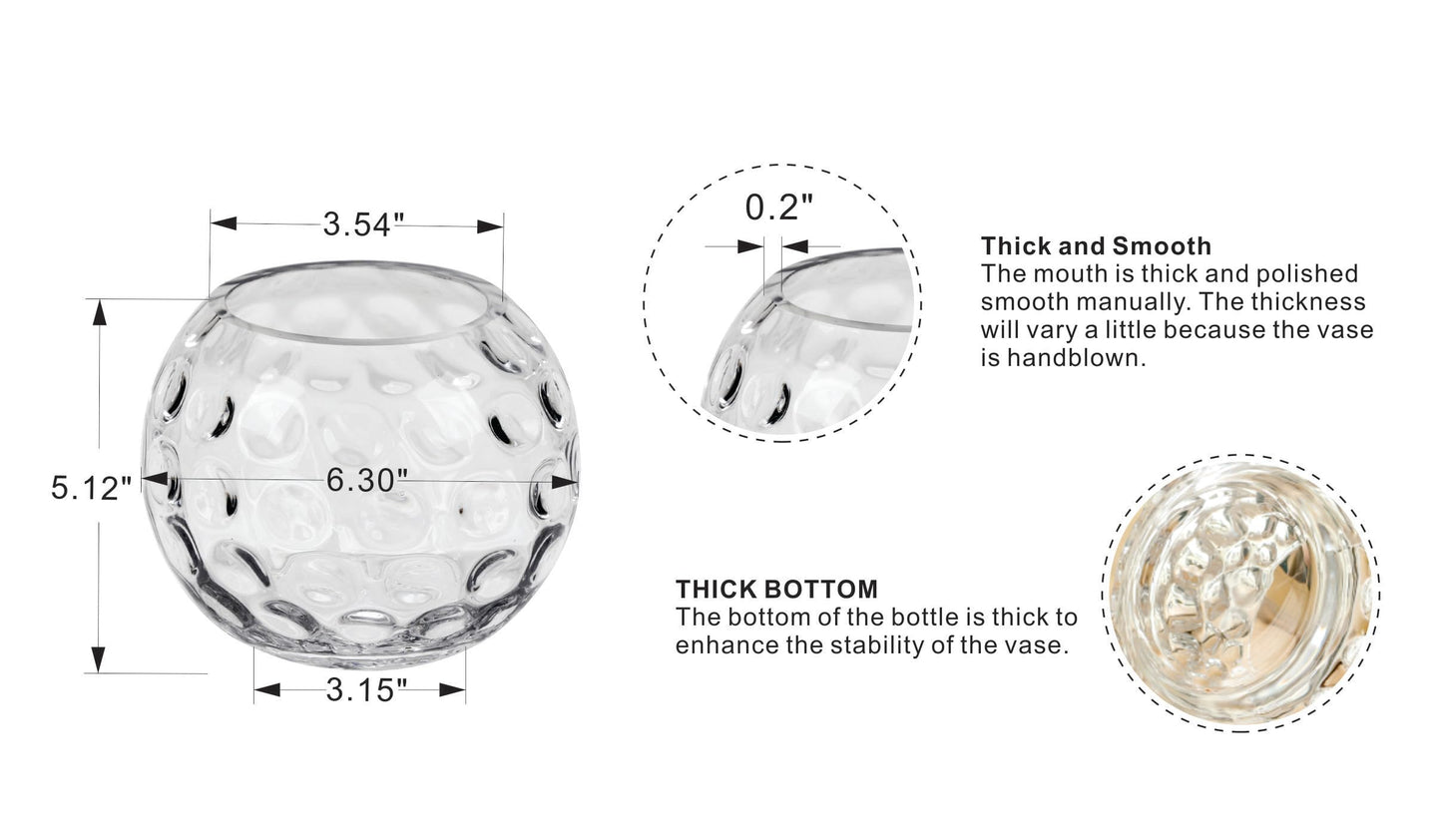 6.3" Dia Handmade Sturdy Dimpled Bubble Glass Vases, Bubble Planter Terrarium, Bud Vase, Fish Bowl Hurricane, Globe Flower Vase, Hurricane Candle Holder (6.3"x5.1", Bowl)
