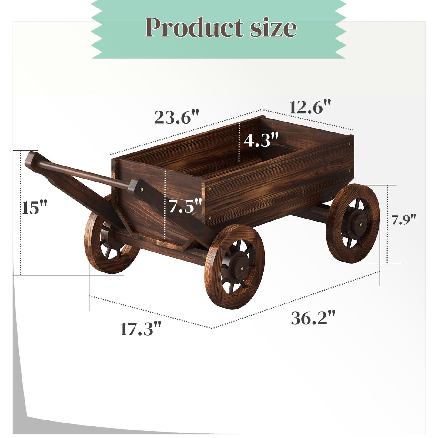 PULIJIAJU Wooden Wagon Garden Planter Cart with Wheels Rustic Flower Pot – Indoor Outdoor Patio Backyard Balcony Decor for Succulents, Flowers and Plants（Carbonized-L