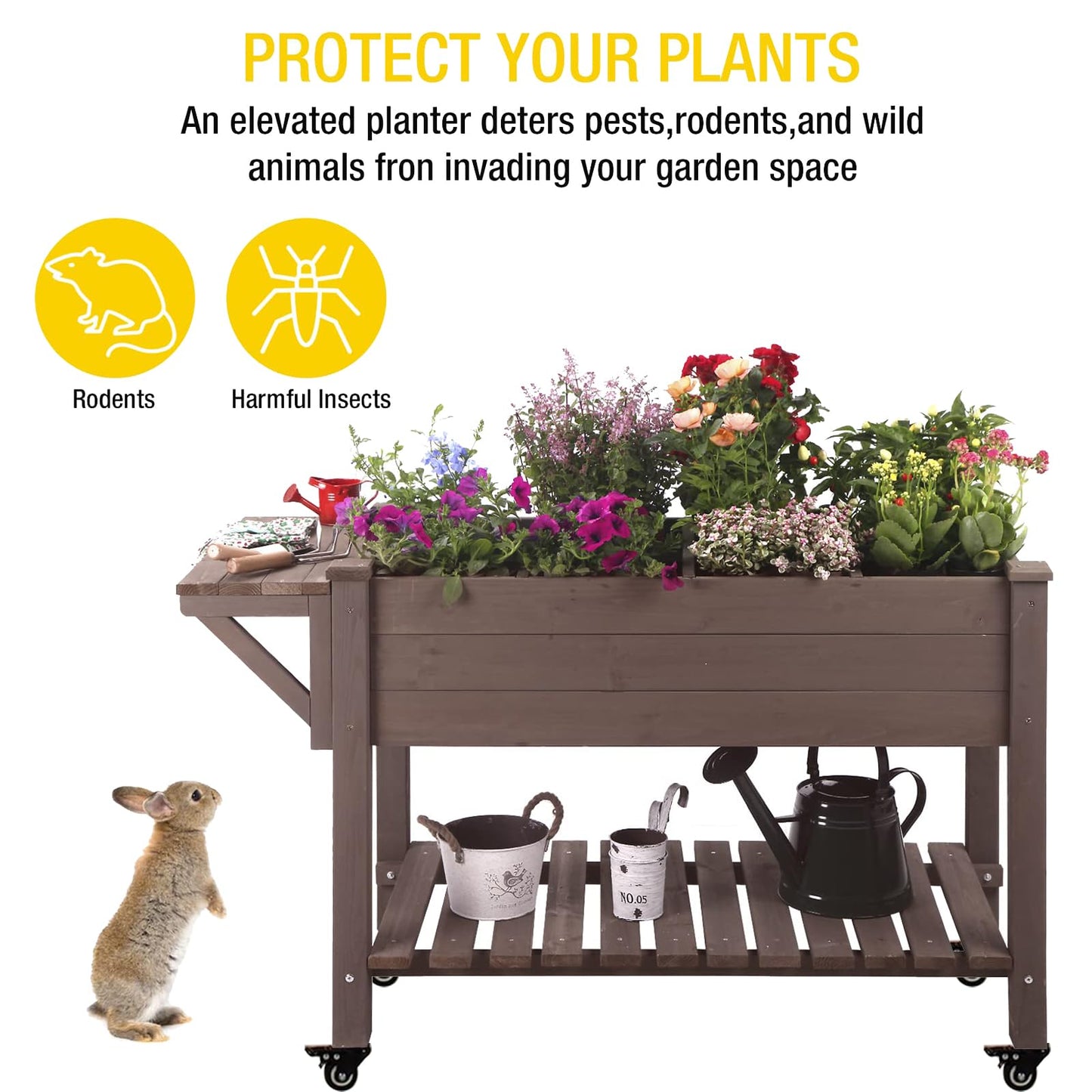 Aivituvin Raised Garden Bed on Wheels, Elevated Plant Boxes Outdoor Large with Grow Grid - with Large Storage Shelf 52.7" x 22" x 30"