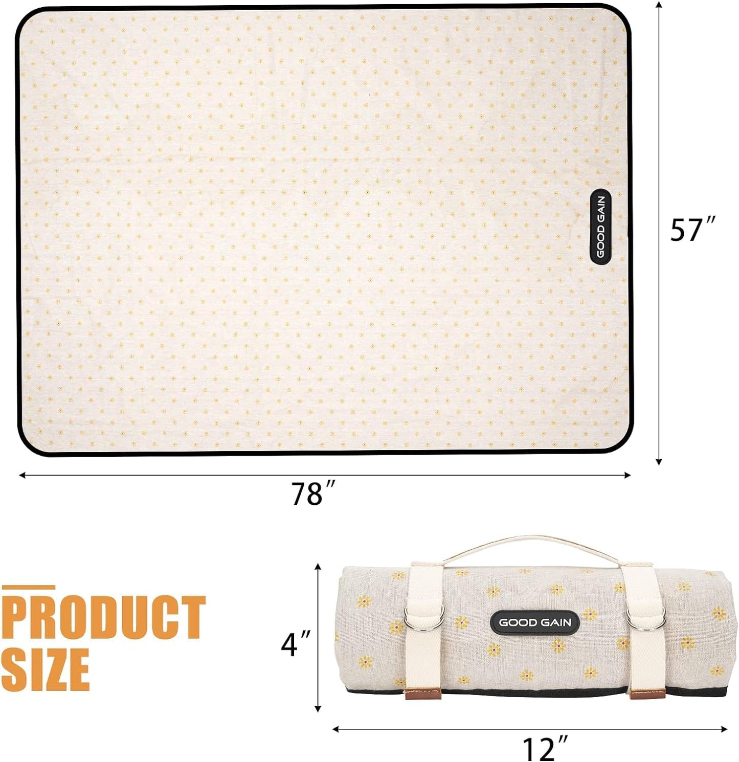 Picnic Outdoor Blankets Waterproof Large - Beach Mat Sand Free Foldable with Carry Strap | Portable Camping Blanket | Park Blanket for Grass Park, Hiking, Travel, Concerts, Indoor (Yellow Flower)