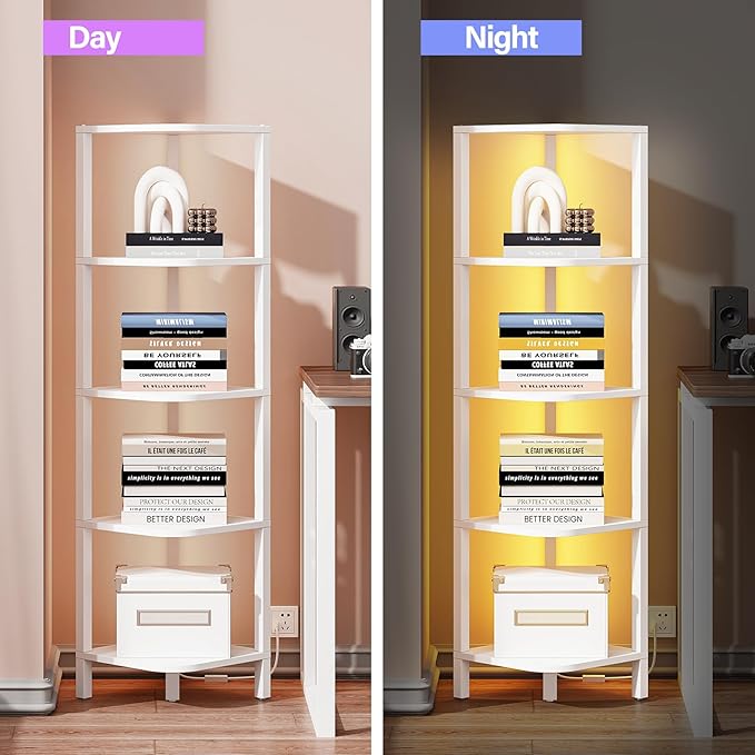 TUTOTAK Corner Shelf with LED Light, 5-Tier Corner Bookshelf