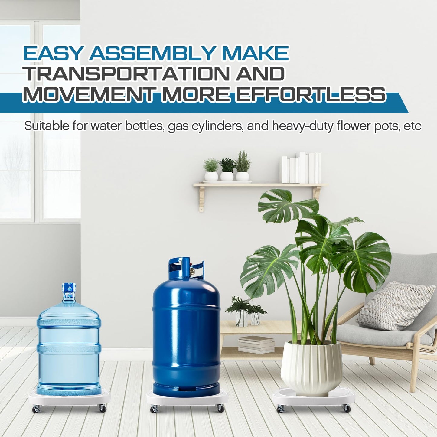 SiliFine 2 Pack 5 Gallon Water Bottle Jug Caddy with 4 Rolling Swivel Casters Wheels 5 Gallon Bucket Dolly for Heavy Duty Garden Flower Pot Movers, Plant Stroller, 11" Inside Diameter (White)