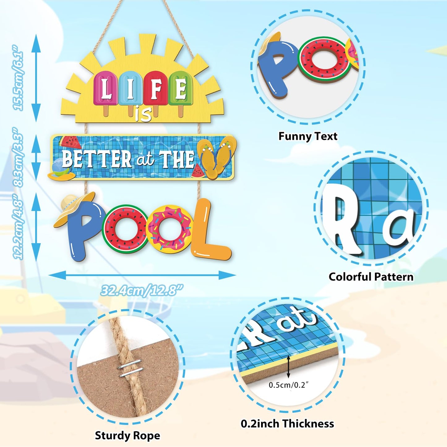 HOURIA Life is Better at The Pool Wood Hanging Sign,11.8 * 13.9 Inch Summer Sunshine Popsicle Swimming Pool Decor,Funny Pool Decorations for Outdoor Beach Party