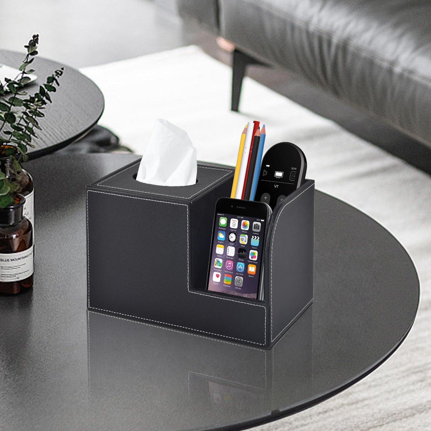 XNONE PU Leather Tissue Box Cover with Storage Square-Multifunctional Tissue Holder,Remote Control Holder,Decorative Tissues Boxes Organizer,Home Office Desktop Storage box,Black