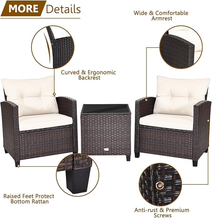 COSTWAY 3PCS Patio Furniture Set, PE Rattan Wicker Sofa w/Washable Cushion and