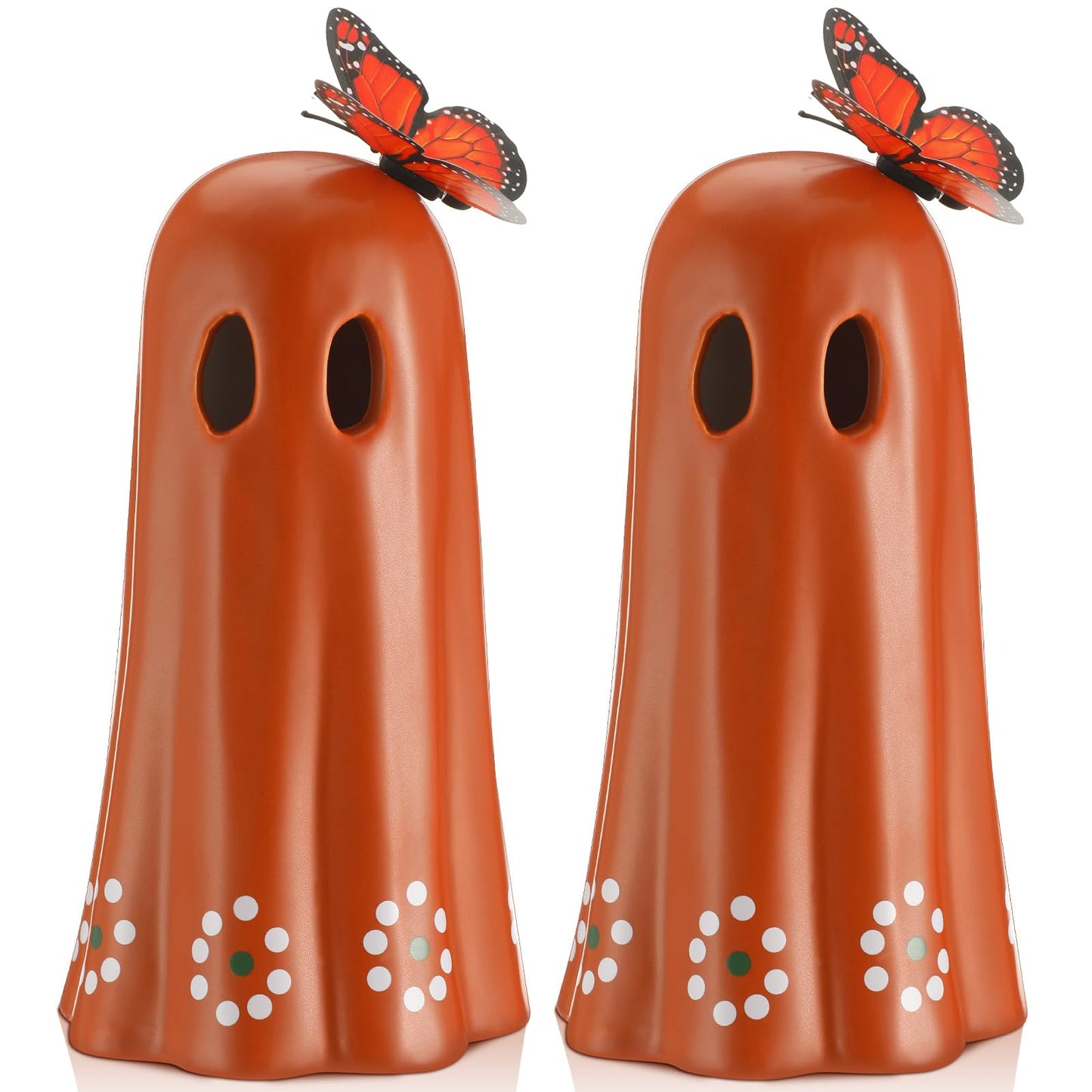 SiliFine 2 Pcs Day of The Dead Ceramic Mexican Ghost Figurine Dia De Los Muertos Terracotta Ghost Decor with Simulated Butterfly Decoration Mexican Halloween Table Decor for Home Shelf Office, 7 Inch