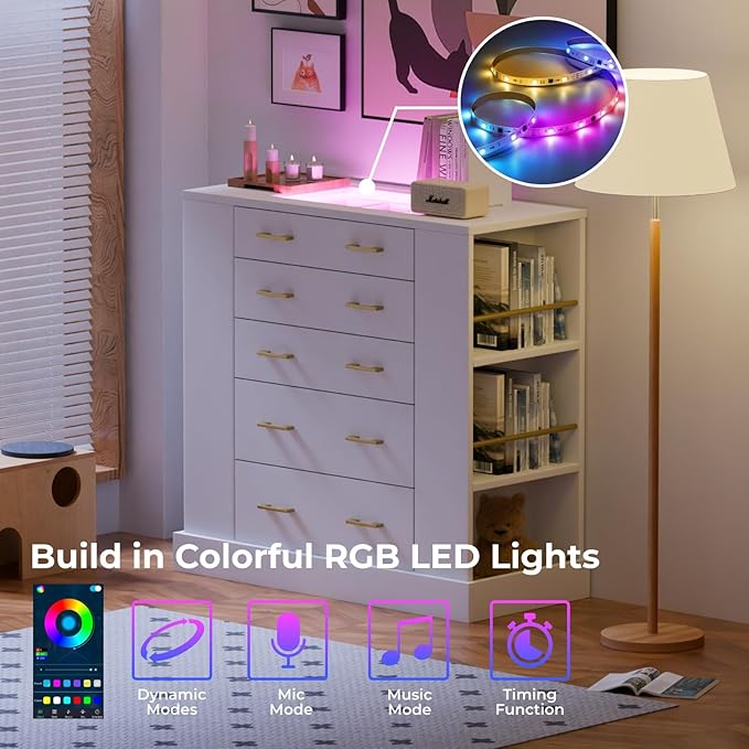 Drawer Dresser with LED Lights and Open Shelves, Modern Tempered Glass Top