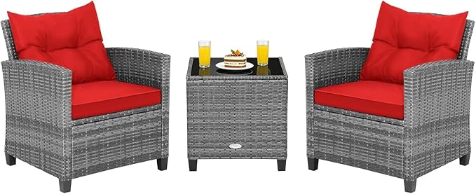 COSTWAY 3PCS Patio Furniture Set, PE Rattan Wicker Sofa w/Washable Cushion and
