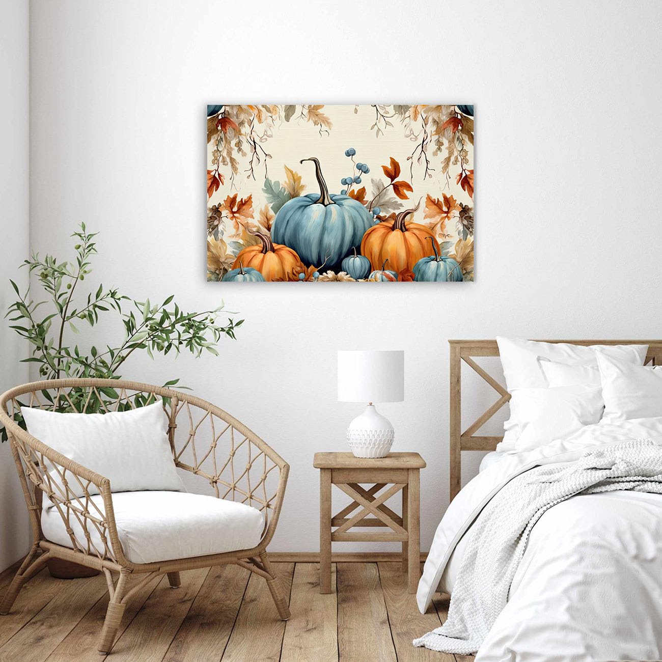 QIXIANG Fall Pumpkin Wall Art Autumn Harvest Orange Blue Pumpkin Canvas Prints Thanksgiving Pictures Bedroom Wall Decor Frame (Pumpkin E, 12.00" x 18.00")
