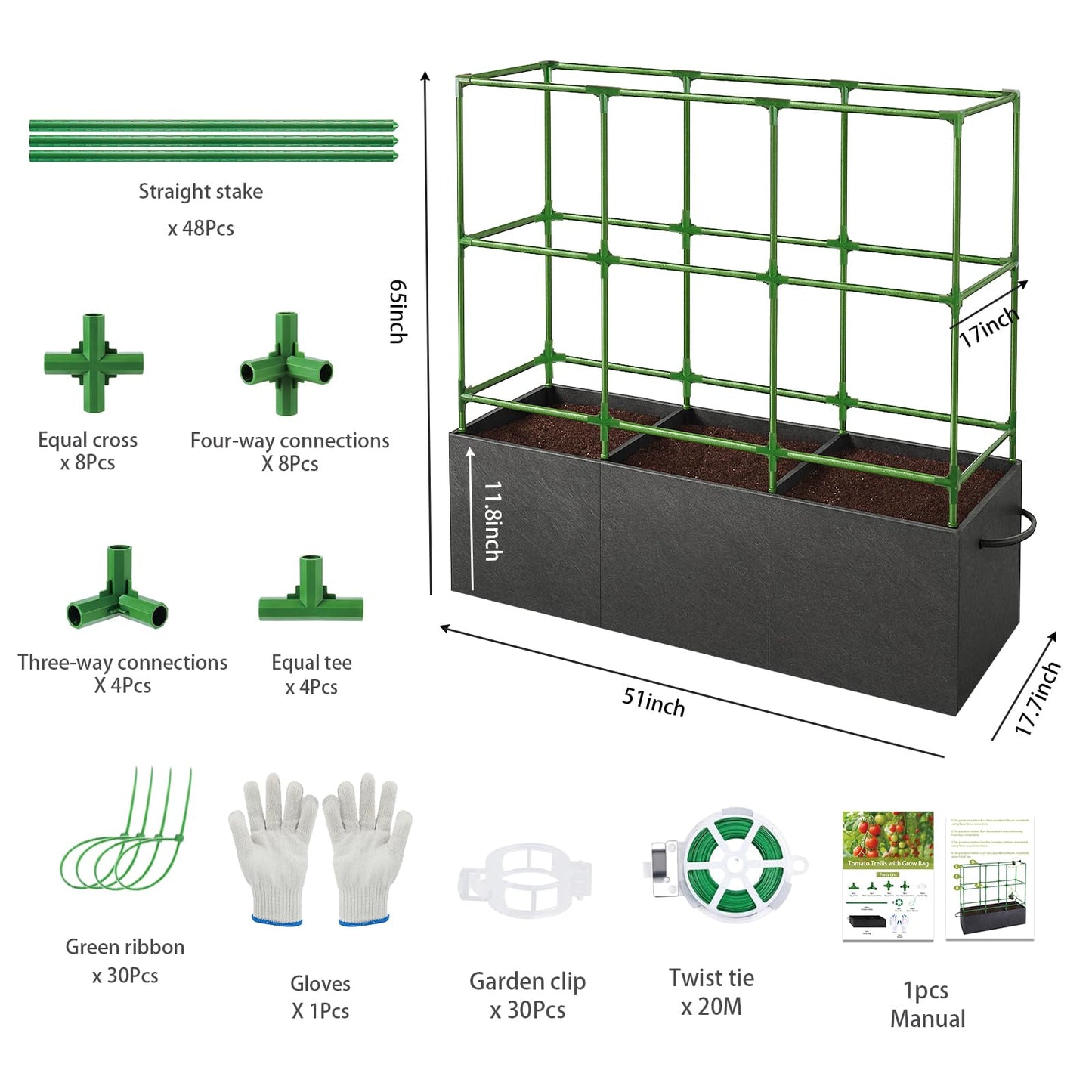 Rovexin 51x17x49 Inch Garden Tomato Cages Planter with 46 Gallon Grow Bags, Square Plant Support Trellis,for Vertical Climbing Plants Vegetables Fruits Flowers Outdoor Gardening Supplies