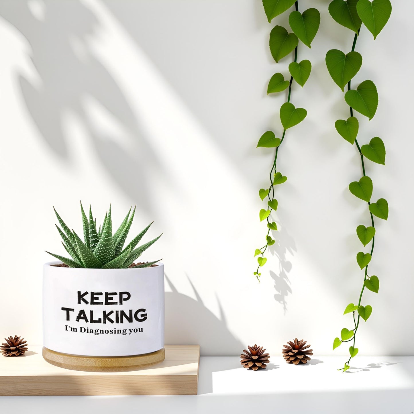 Psychology Decor Gifts,Keep Talking I'm Diagnosing You Funny Succulent Planter with Bamboo Tray - 3.5 Inch Funny Desk Decor, Psychologist Therapist Gift (White)(No Plants)
