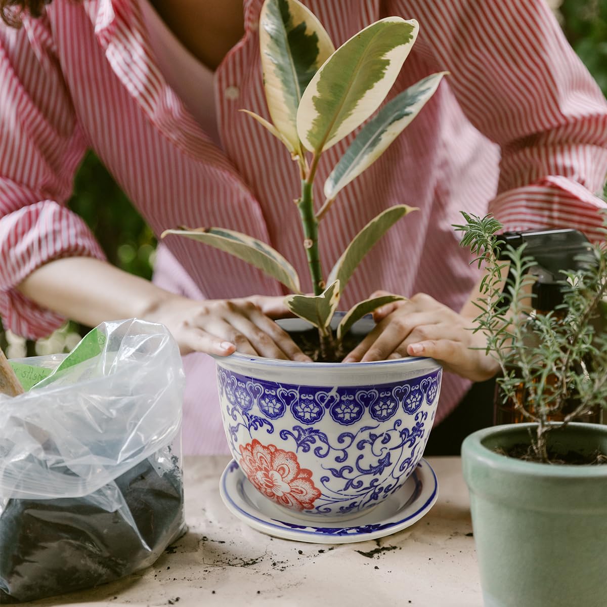 YOLUFER Ceramic Flower Pots with Drainage Holes and Drainage Tray Ceramic Planter for Indoor and Outdoor Plants