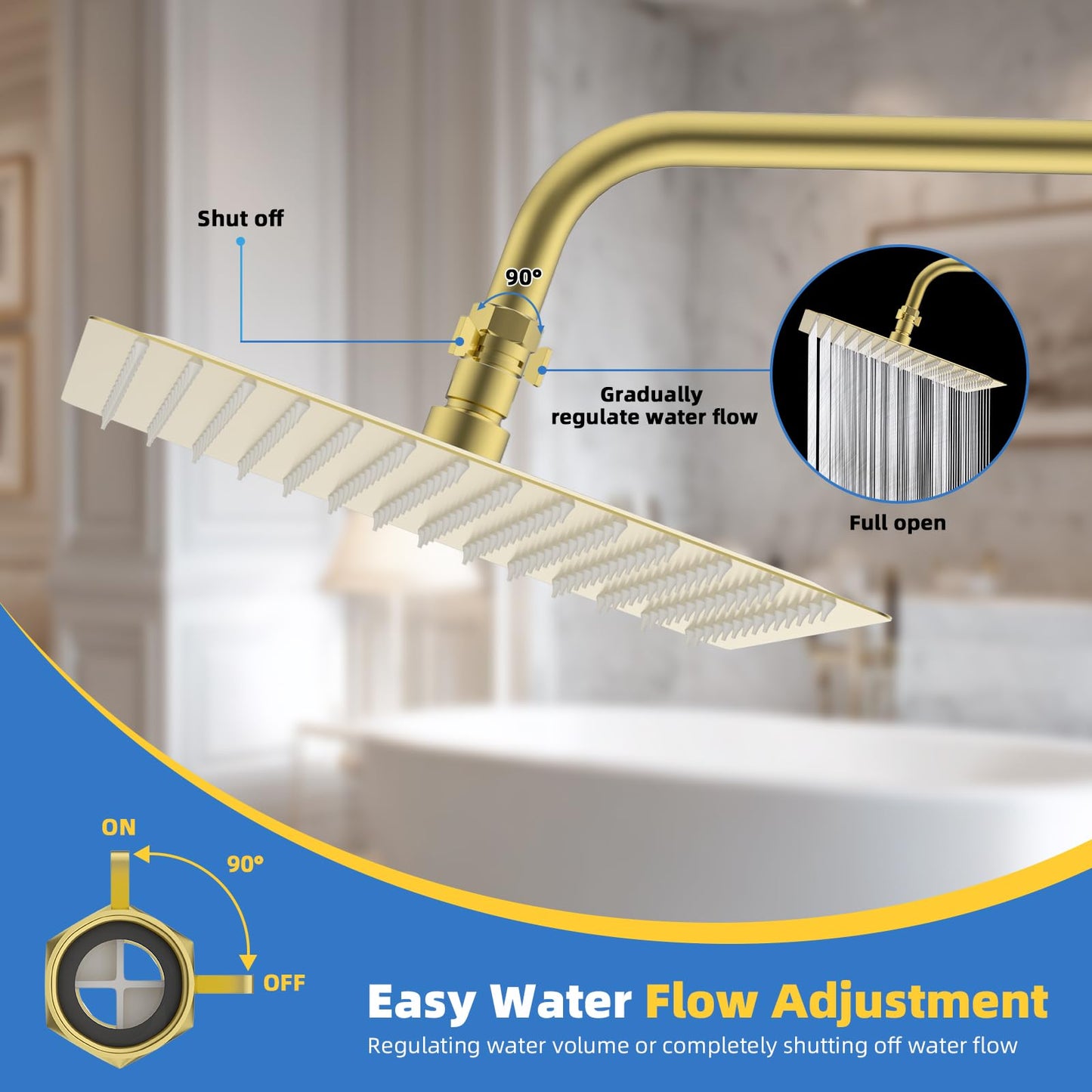 Hibbent All Metal 1 Pack Shower Head Flow Control Valve, G1/2 Brass Shut-off Valve with Metal Handle Lever, Shut OFF Water Flow Control Regulator for Handheld Shower, or Bidet Sprayer, Brushed Gold