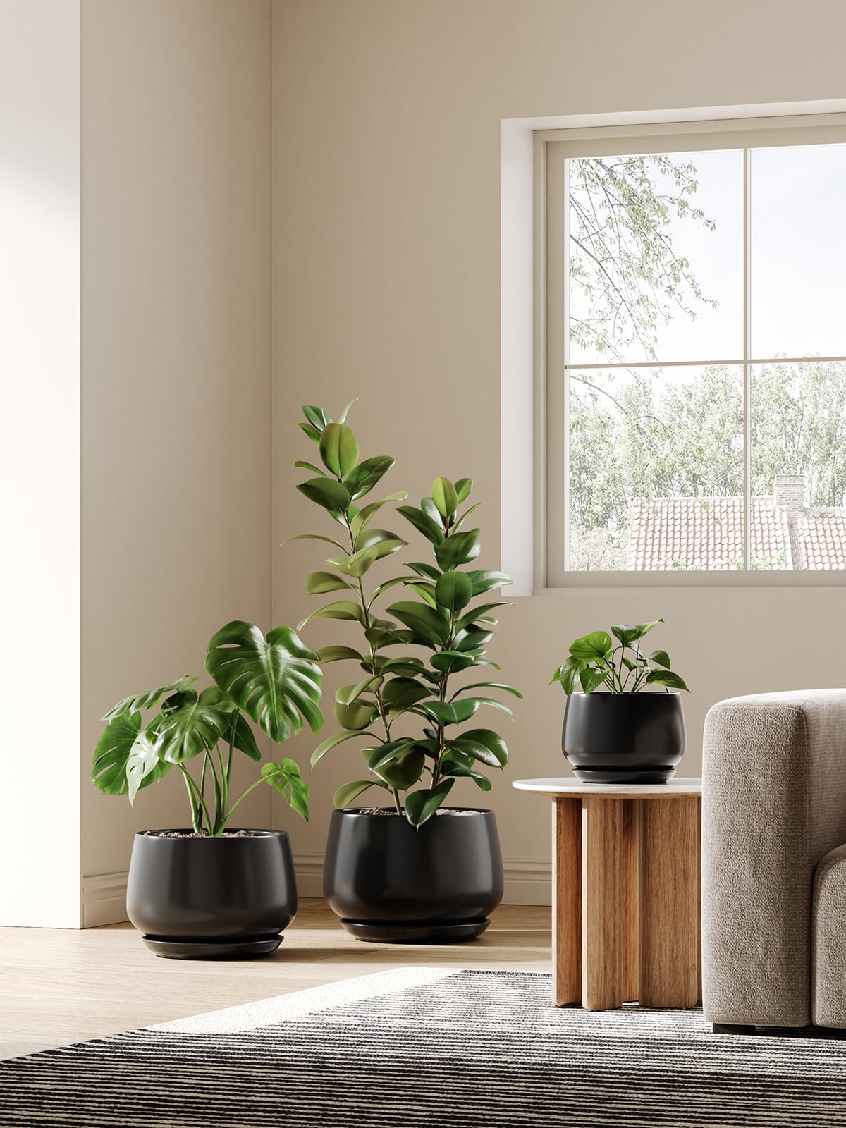 LE TAUCI Ceramic Planters, 12 Inch Pots for Plants, Indoor Plant Pots with Drainage Holes and Saucers, Modern Planters Fit Mid Century Plant Stand, Flower Pots for Indoor Plants, Black