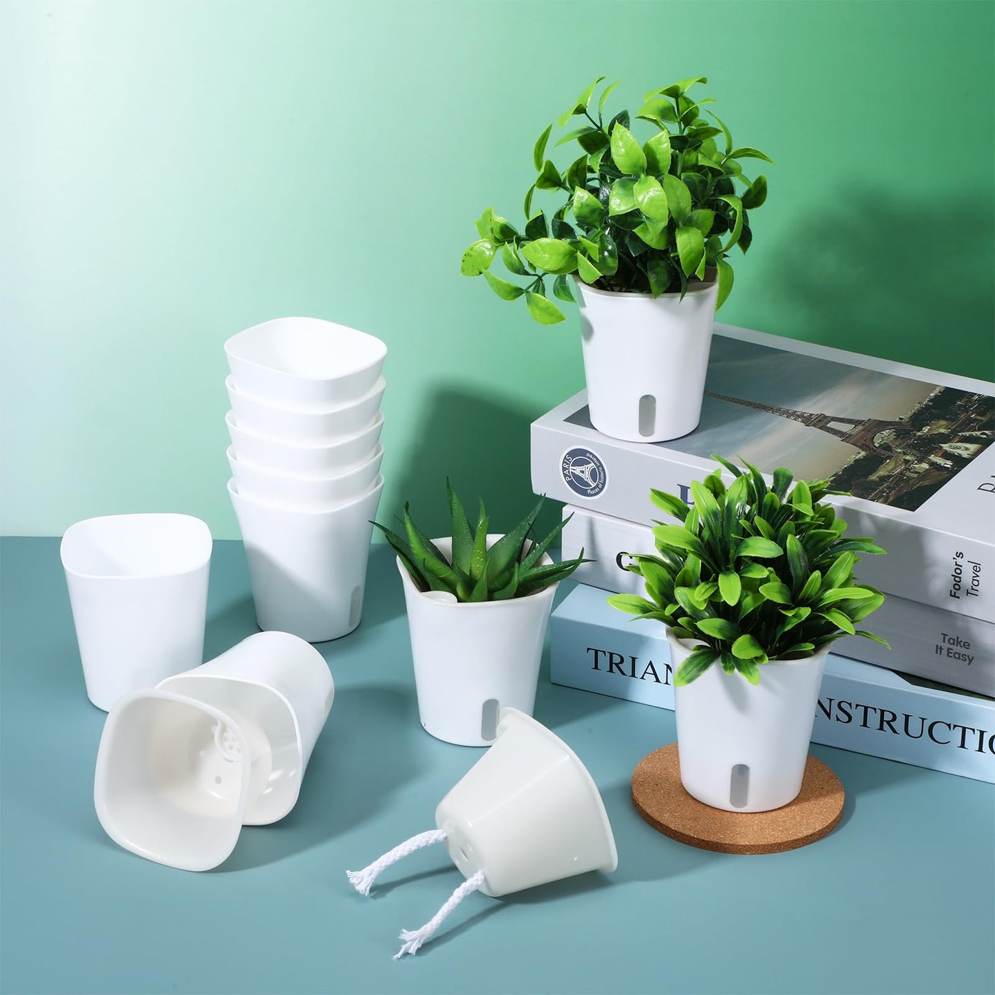 Meyeyaia 20 Pcs 3 Inch Self Watering Pots for Indoor Plants, White Plastic Self Watering Planters with Wicking Rope Visual Water Level & Vent Holes for Succulents, Flowers Indoor Outdoor