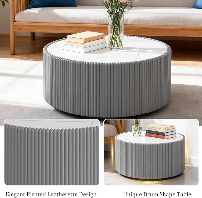 SSLine Round Drum Coffee Table Modern Sintered Stone Top Coffee Table in Grey