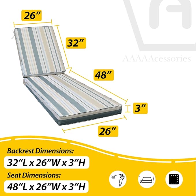 AAAAAcessories Outdoor Chaise Lounge Cushions, Fade-Resistant, Waterproof Patio