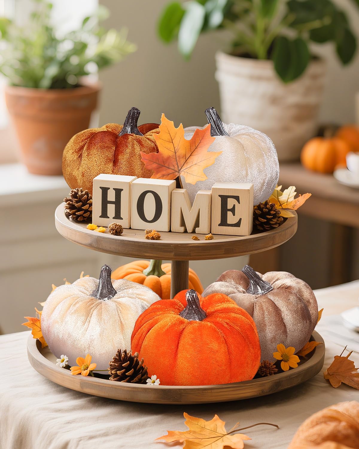 Coferset 4pcs Velvet Pumpkins Decor Set, Artificial Fall Pumpkin Decor for Halloween Thanksgiving Harvest Table Centerpieces(Orange Gold Coffee Beige)