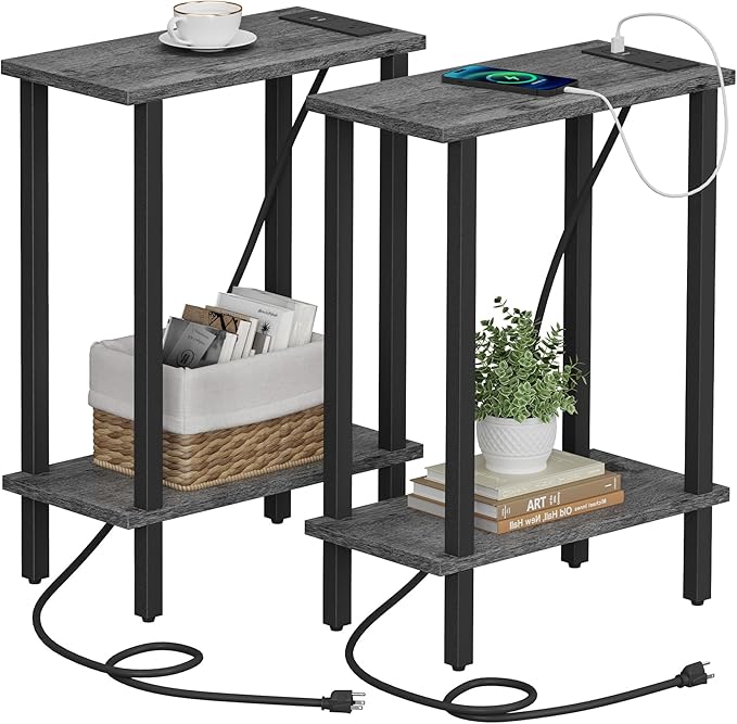 TUTOTAK Small End Table with Charging Station, Narrow Side Table with USB Ports