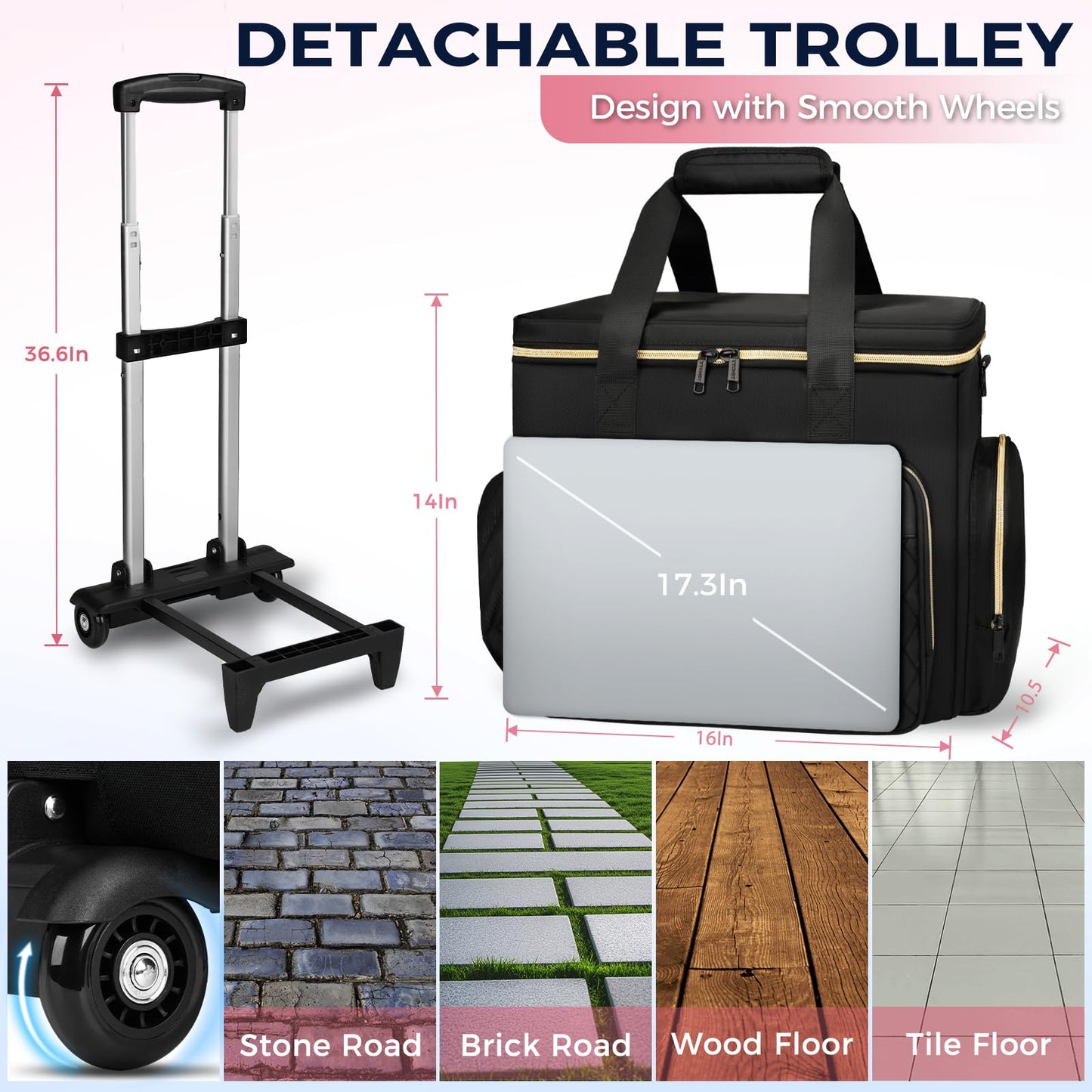 Ytonet Rolling Teacher Bag, X-Large Rolling Cart for Teachers with Detachable Dolly & File Tote Bag, 17.3 Inch Roller Briefcase for Women Office Work Craft Nurse, Teacher Essentials Supply Organizer