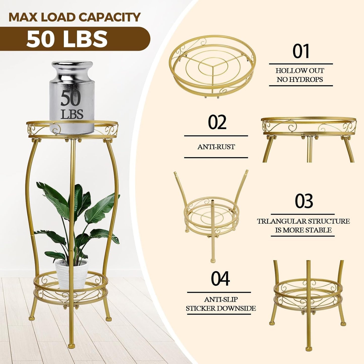 Kavlium Plant Stand Indoor Outdoor，Tall Gold Metal Rustproof Stable Plant Stands，2 Tier 27.1 inch Multiple Plant Rack Holder Rack Flower Pot Stand Heavy Duty Plant Shelf (Gold)