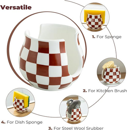 Checkered Sponge Holder for Kitchen Sink Counter, Ceramic Dish Sponge Caddy
