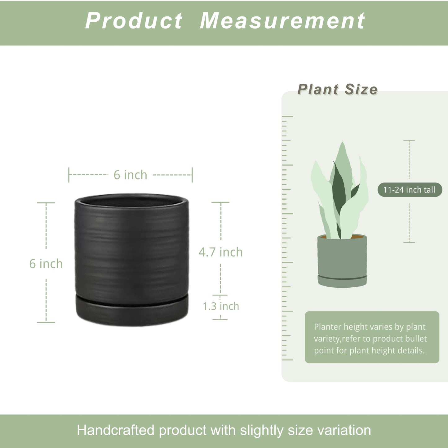 HERDUK 6 Inch Plant Pots, Ceramic Planter Pot with Drainage Hole & Saucer, Indoor/Outdoor Cylinder Round Planter Pot, Matte Black