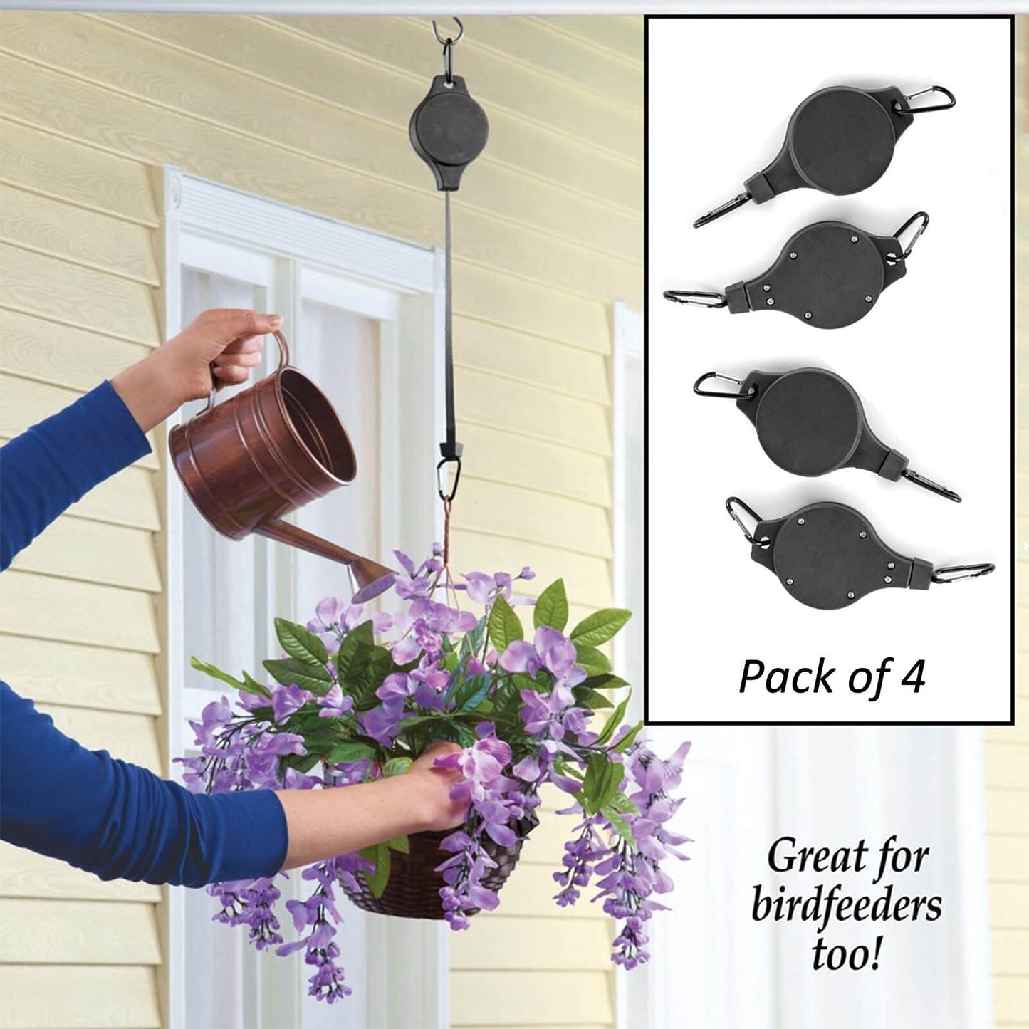 Orgrimmar Plant Pulley Retractable Pulley Plant Hanger Hanging Flower Basket Hook Hanger for Garden Baskets Pots and Birds Feeder in Different Height (Pack of 4)