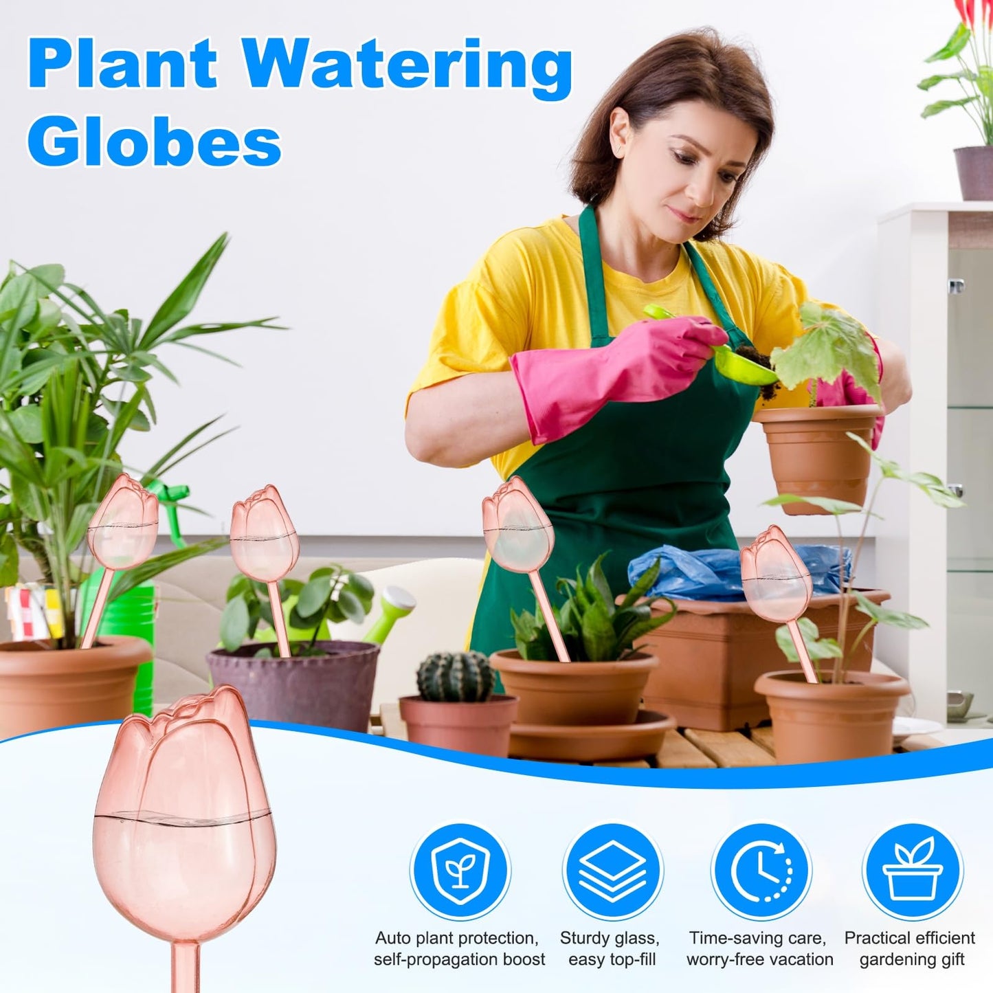 M METERXITY 4-Pack Plant Watering Globes, 9.4 Inch Plastic Self Watering Planter Insert for Indoor/Outdoor Plants, Self Water Devices [Champagne]