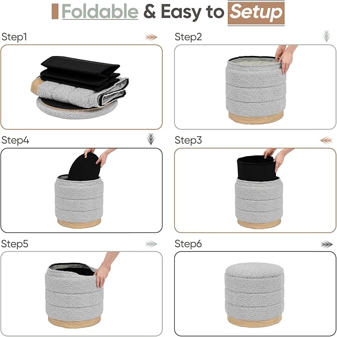 Round Storage Ottoman with Reversible Tray Lid, Folding Chenille Fabric