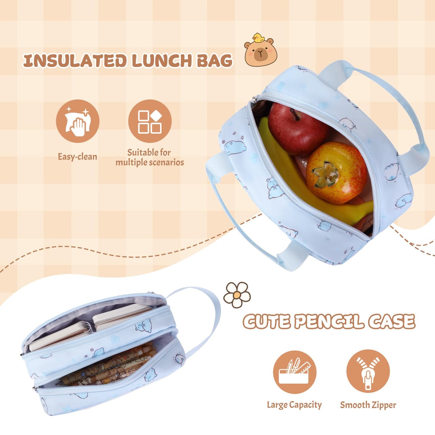 Similove Capybara Theme Backpack for School Girls, 35PCS Kids Backpack Set with School Supplies Stationery Kit Lunch Box Pencil Case, Cute Girls Bookbag for Kindergarten Elementary Student