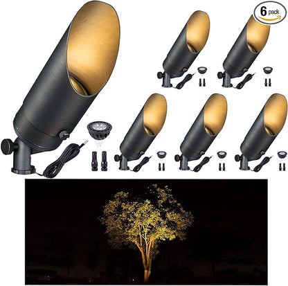 Gardenreet 12V Spot Lights Solid Brass - Outdoor Low Voltage Landscape Spotlight, Wired LED Uplights Waterproof, Stretchable Shroud Electric Bronze for Patio Wall with Warm White MR16 Bulb (6 Pack)