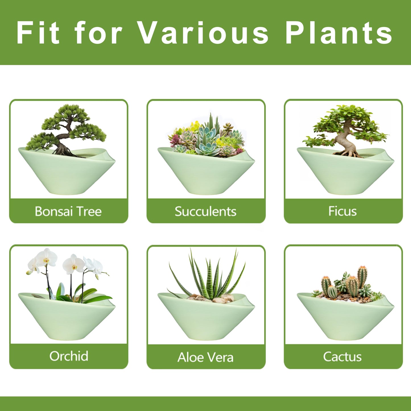 Teagas Ceramic Bonsai Pots - Large Succulent Planter 13 Inch Plant Pot Indoor Succulent Pot with Drainage Hole Outdoor Planter Bonsai Tree Pot for House Home Garden Office Decor Green