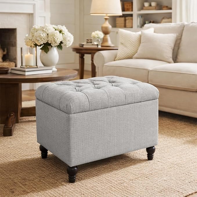 Homepop Home Decor | Upholstered Button Tufted Storage Ottoman | Hinged Lid