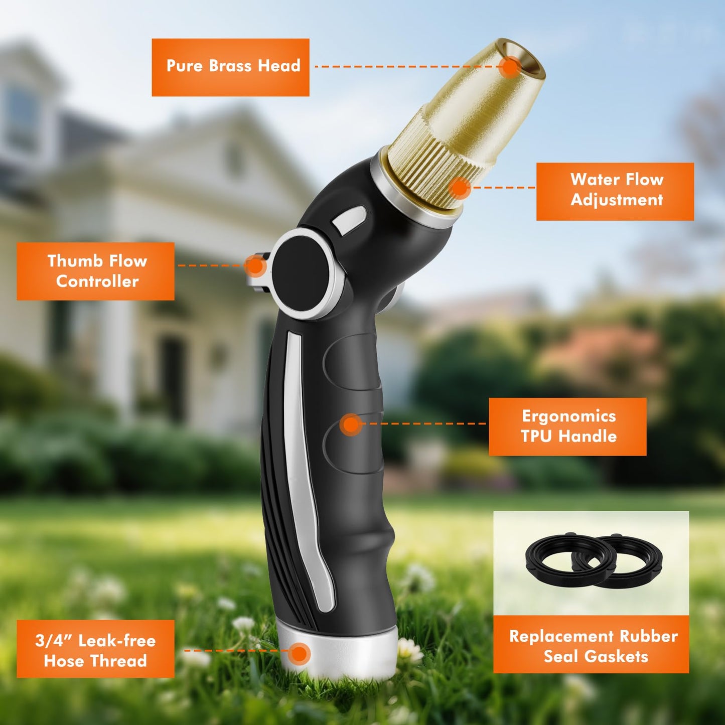 RESTMO High Pressure Hose Nozzle Sprayer, Heavy Duty Brass Head, Metal Water Hose Nozzle for Car Washing, Garden Cleaning, Lawn and Plant Watering, 4 Spray Patterns, Silver