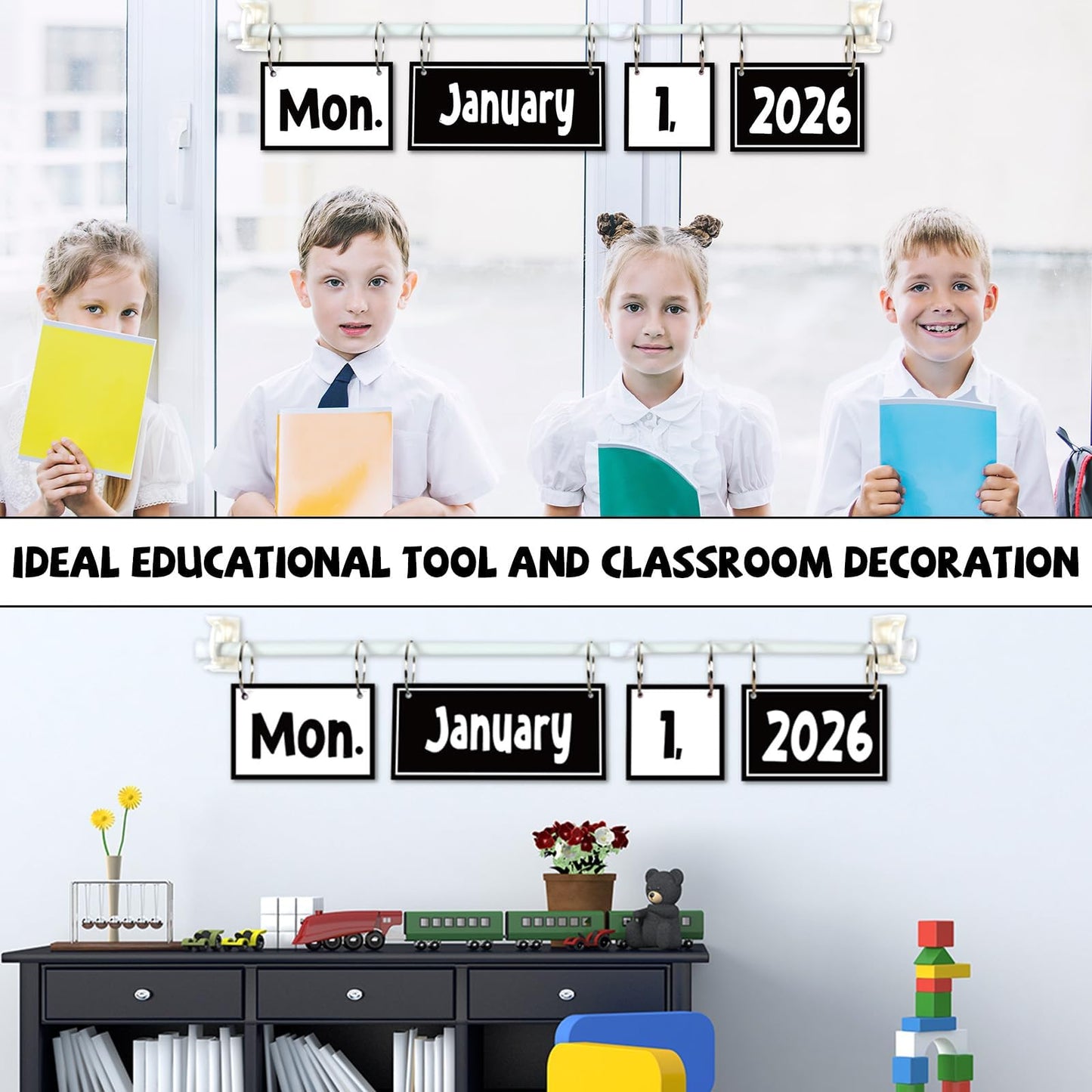 Black White Flip Calendar Bulletin Board Set Black Calendar for Classroom Whiteboard Decor with 2026 to 2030 Years Date Cards and Adjustable Rod for Home Elementary Back to School Teacher Supplies