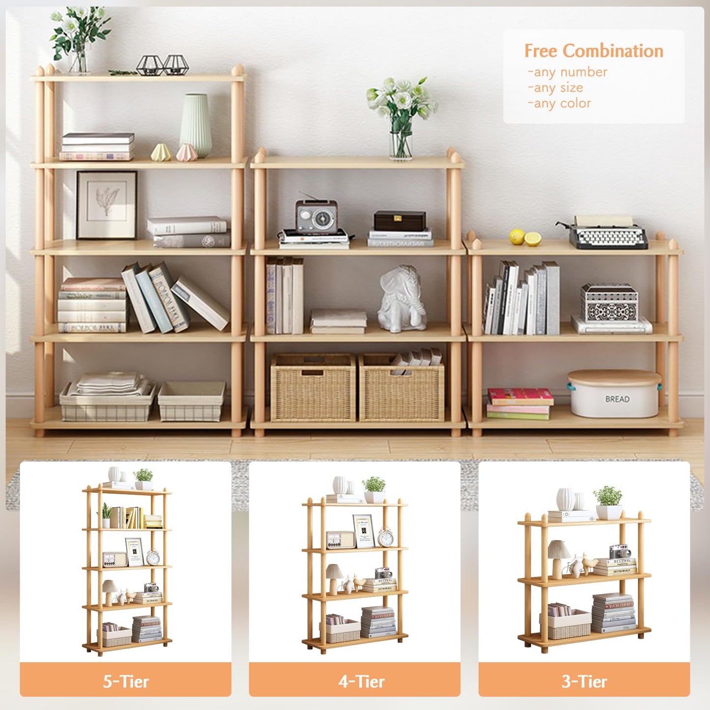 IOTXY 3-Tier Wooden Shelf Bookcase - Modern Open Bookshelf, Free Standing Storage Rack, Multifunctional Display Stand for Home and Office, Oak, Rectangle