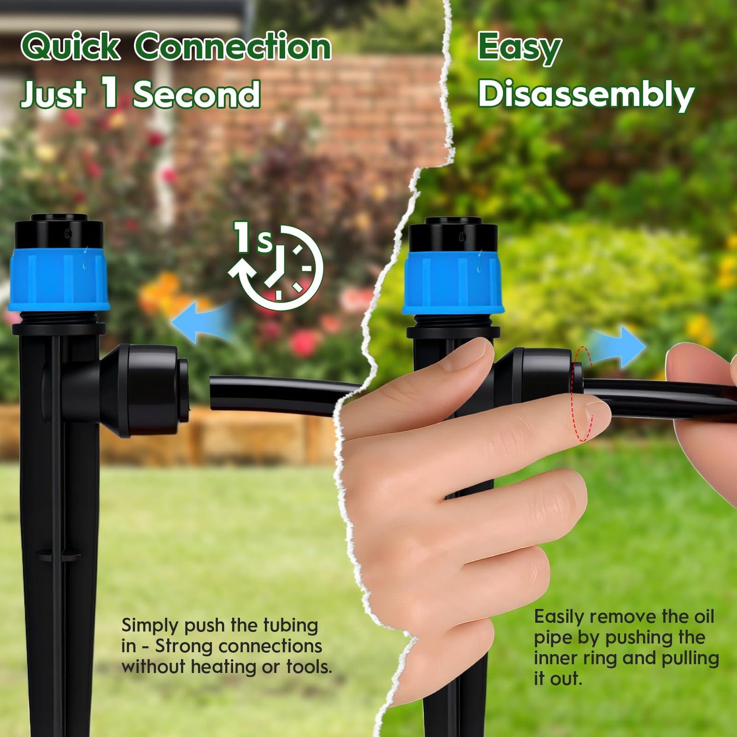 Quick-Connect Drip Irrigation System Kit, Irrigation Kit with Adjustable Nozzles, 2/5" & 1/4" Tubing, Automatic Watering System for Garden, Raised Beds, Greenhouse, Automatic Timer Compatible