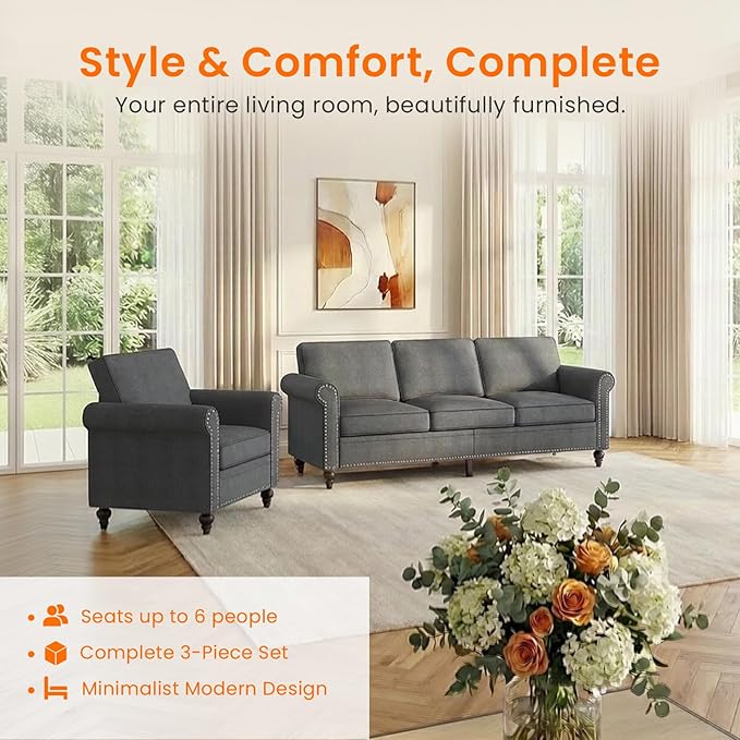 2 Piece Living Room Sofa Sets, Modern 3 Seater Sofa and Armchair Sets, Linen