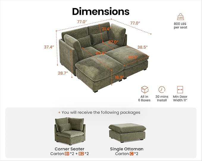 77" Oversized Chenille Couch Modular Sectional Sofa, Washable Cloud Couch