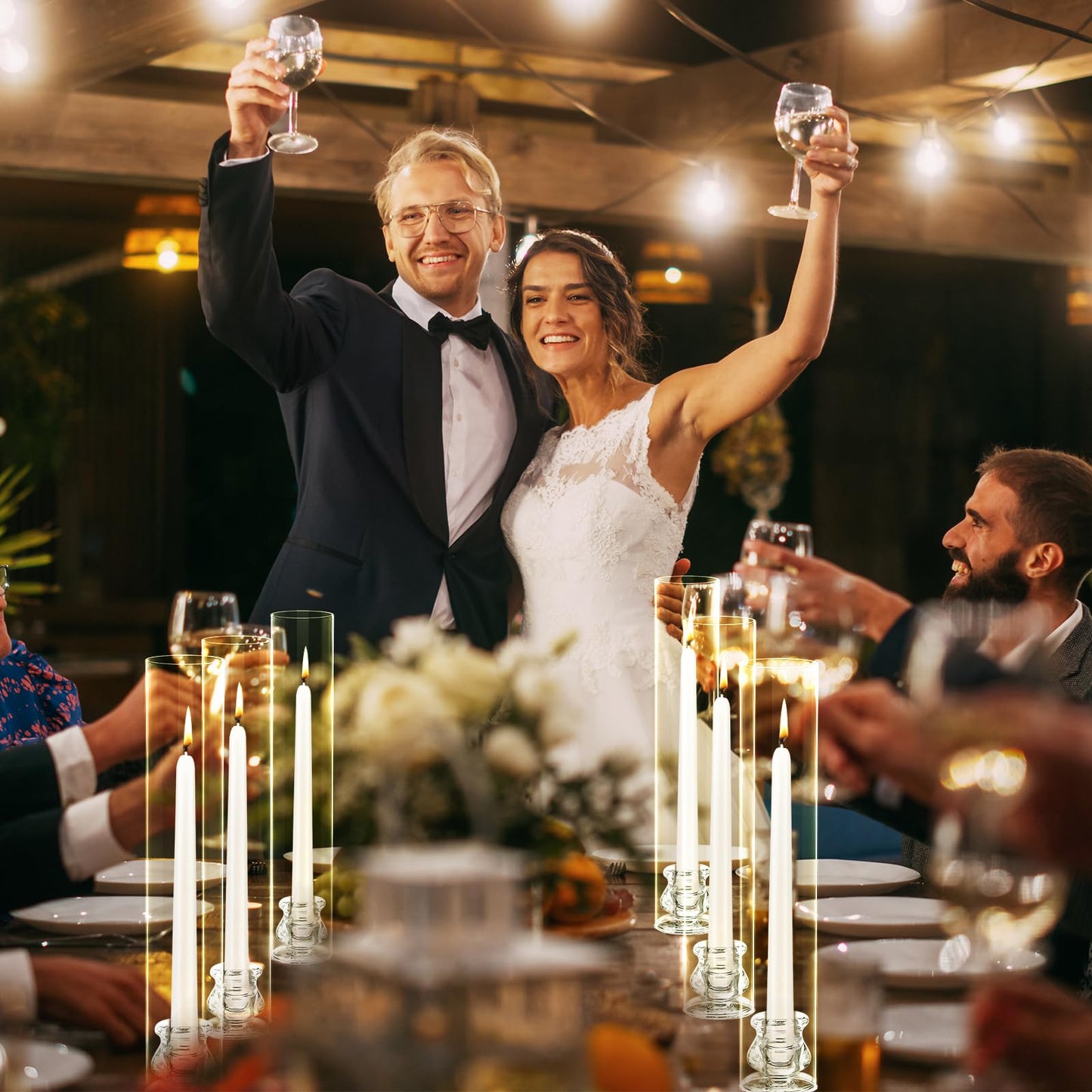 12 Set Glass Hurricane Candle Holders 11.8" Open Ended Glass Candleholder Tube Shape Bottomless and 2.1" Taper Clear Candlestick Holder Bulk for Table Centerpiece Wedding Party Home Decor (12, Clear)